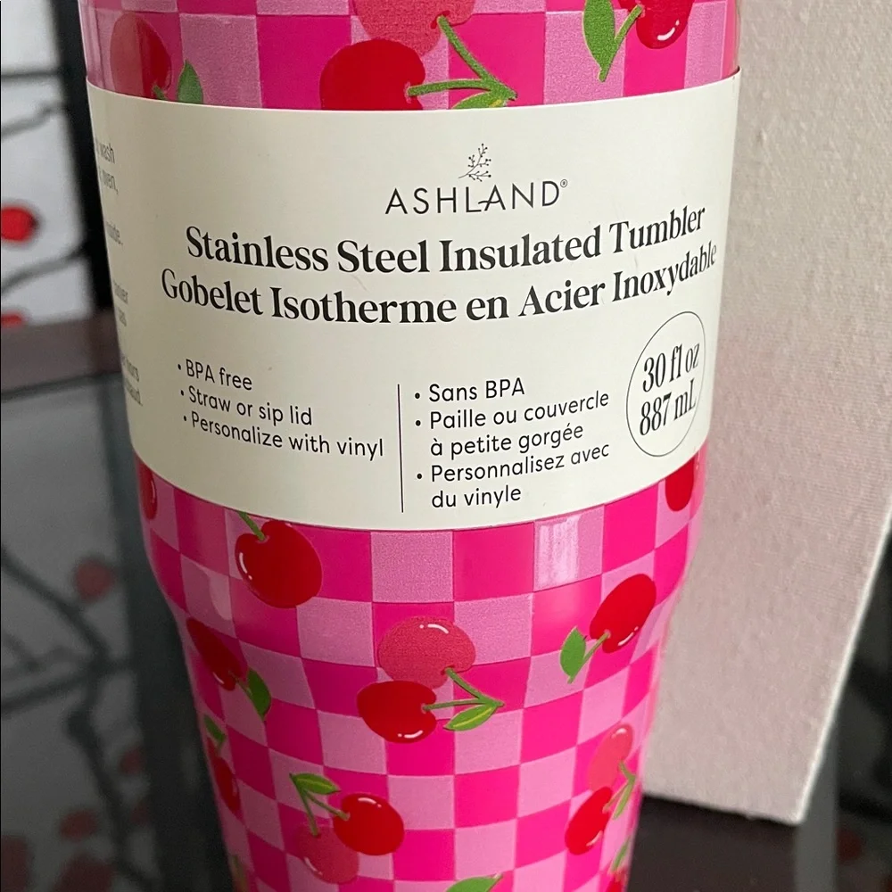 Ashland Pink Cherry Check Stainless Steel Insulated Tumbler with Handle